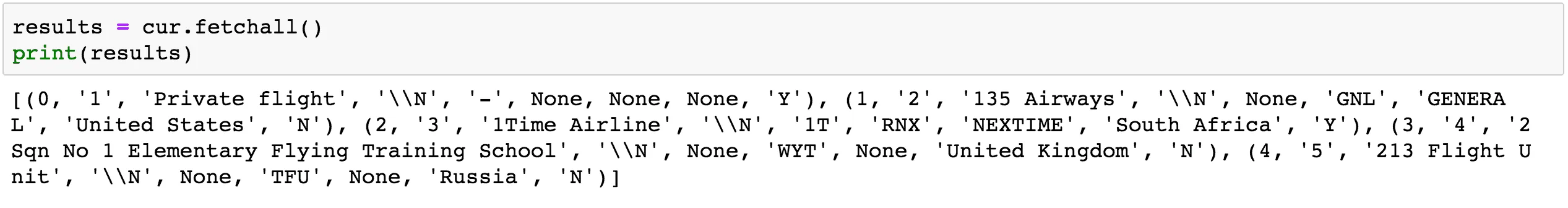 SQLite avec Python : Analyse de bases de données 5 premières valeurs table airlines