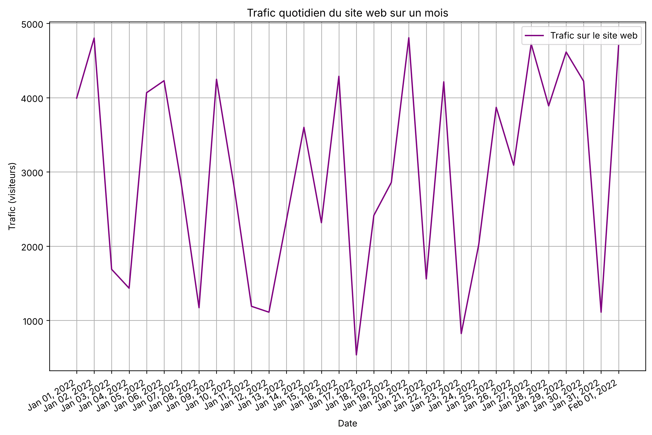 Série temporelle Matplotlib du trafic quotidien d'un site web avec des dates lisibles et inclinées sur l'axe x